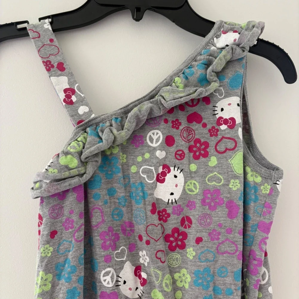 Hello Kitty‎ Romper Jumpsuit Ruffle Trim Hearts Peace Signs Gray Girls L (10/12)
